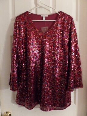 NWT 18 20 XL Isaac Mizrahi Live! BORDEAUX SEQUIN blouse V-neck LINED slit sleeve